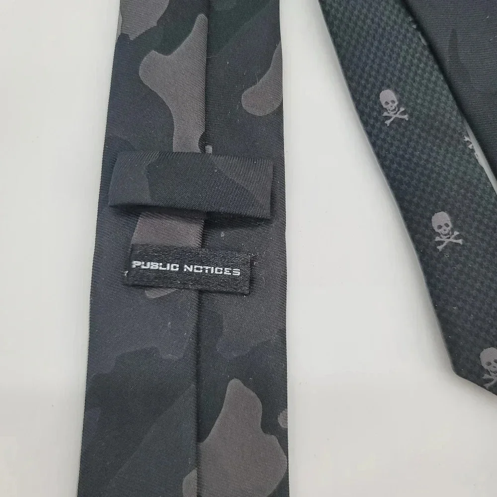 Youth Boys Public Notices Black Gray Camo Skull Skinny Slim Tie OS